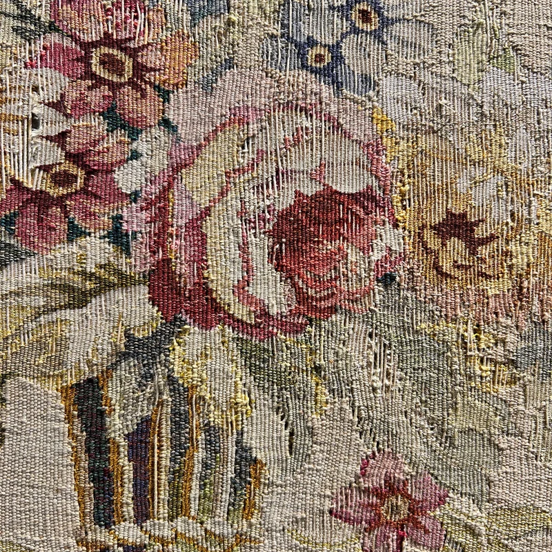 Louis XVI style living room furniture: two armchairs and sofa, petit-point upholstery