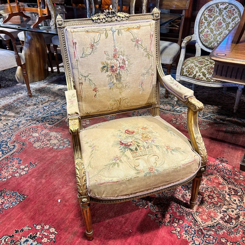 Louis XVI style living room furniture: two armchairs and sofa, petit-point upholstery