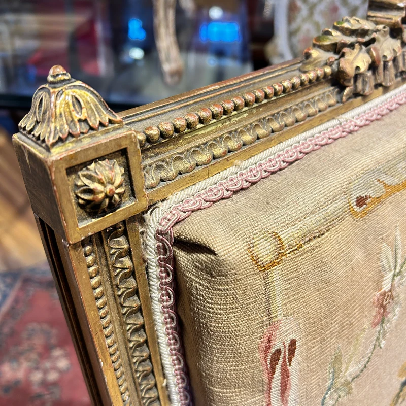 Louis XVI style living room furniture: two armchairs and sofa, petit-point upholstery