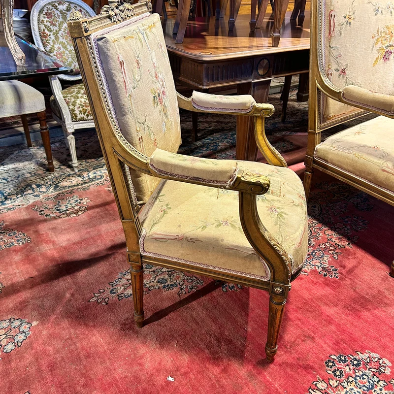 Louis XVI style living room furniture: two armchairs and sofa, petit-point upholstery