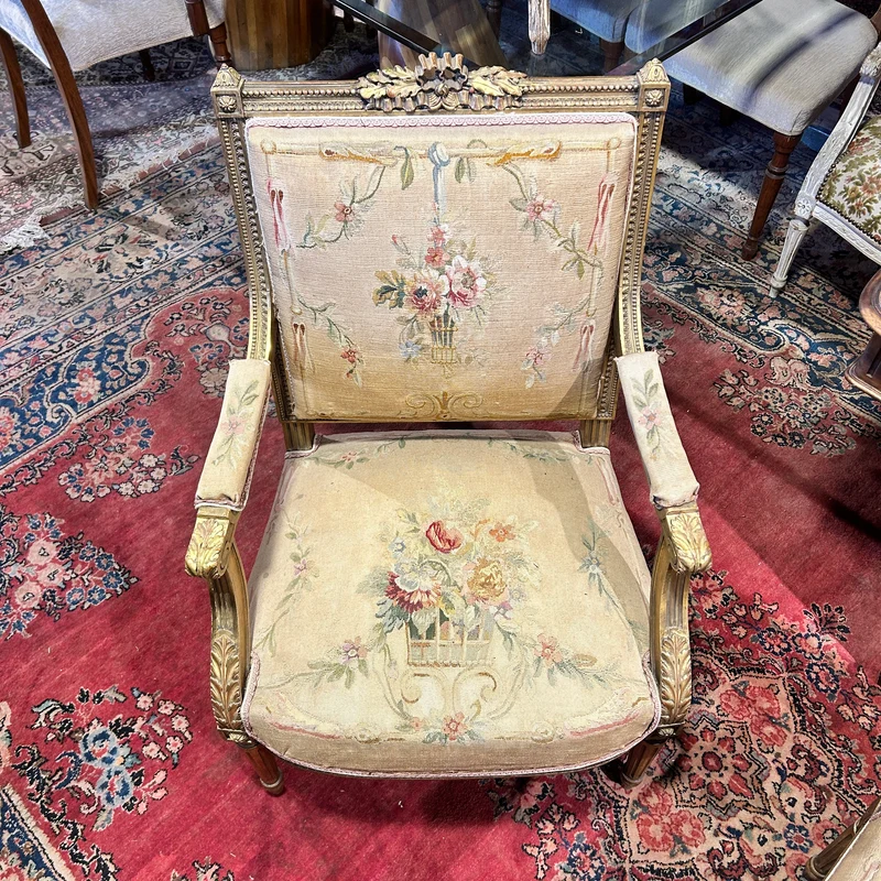 Louis XVI style living room furniture: two armchairs and sofa, petit-point upholstery