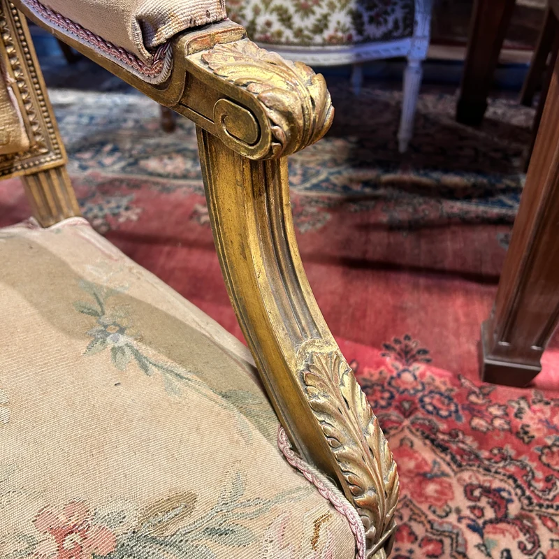 Louis XVI style living room furniture: two armchairs and sofa, petit-point upholstery