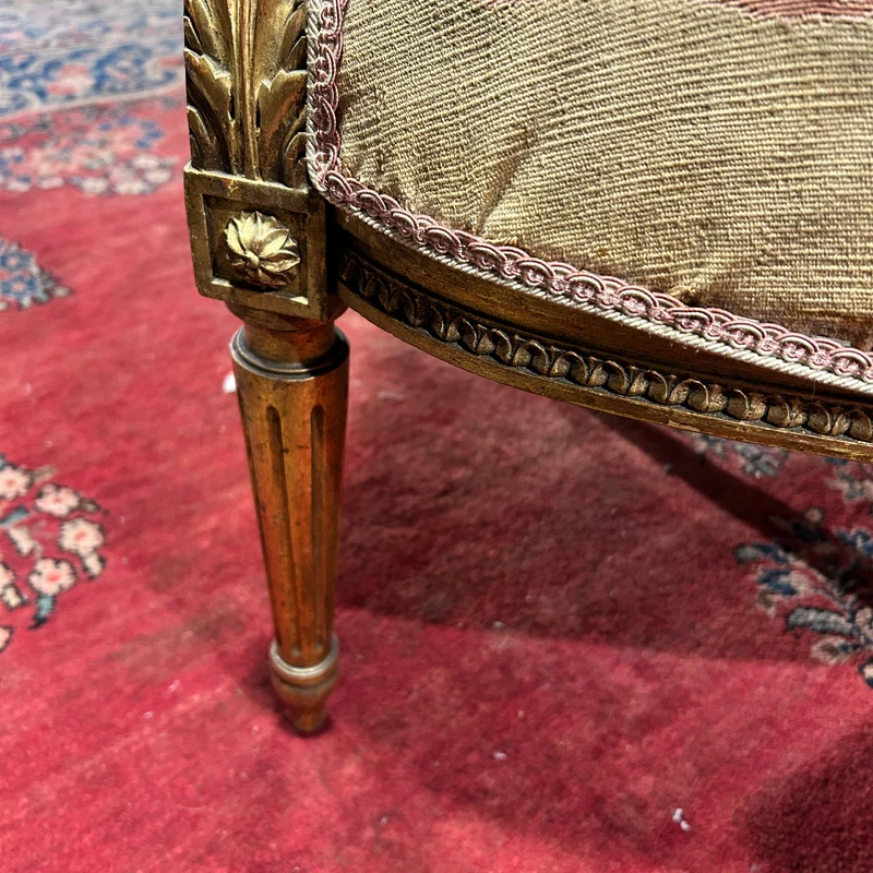 Louis XVI style living room furniture: two armchairs and sofa, petit-point upholstery
