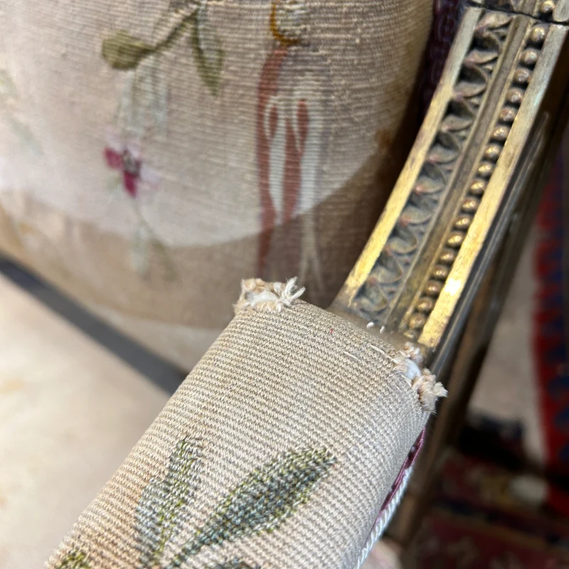 Louis XVI style living room furniture: two armchairs and sofa, petit-point upholstery