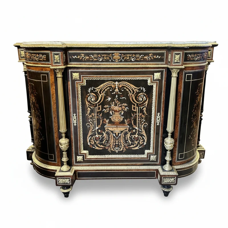 Boulle francés Napoleón III 1890 marquetería en raíz, mármol y columnas en bronce