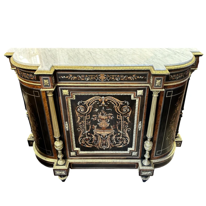 Boulle francés Napoleón III 1890 marquetería en raíz, mármol y columnas en bronce