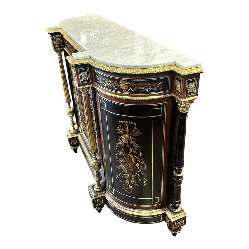 Boulle francés Napoleón III 1890 marquetería en raíz, mármol y columnas en bronce