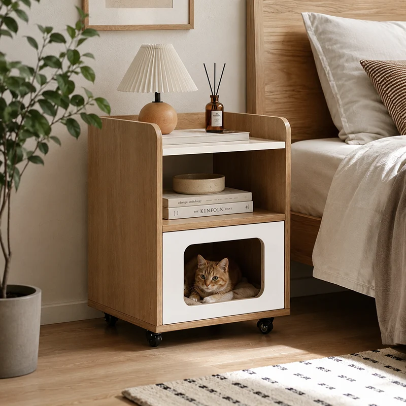 3-in-1 Pet Furniture Cat House With Storage Cabinet Nightstand - Creative Bedside Table & Multifunctional Pet House Furniture For Cats With Wheels For Bedroom