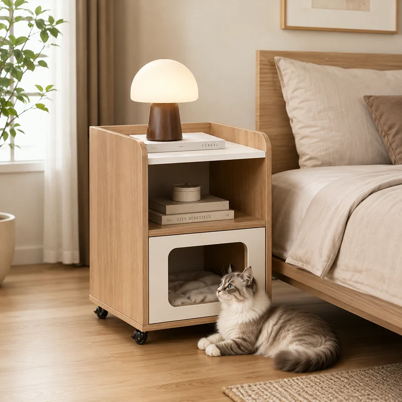 3-in-1 Pet Furniture Cat House With Storage Cabinet Nightstand - Creative Bedside Table & Multifunctional Pet House Furniture For Cats With Wheels For Bedroom