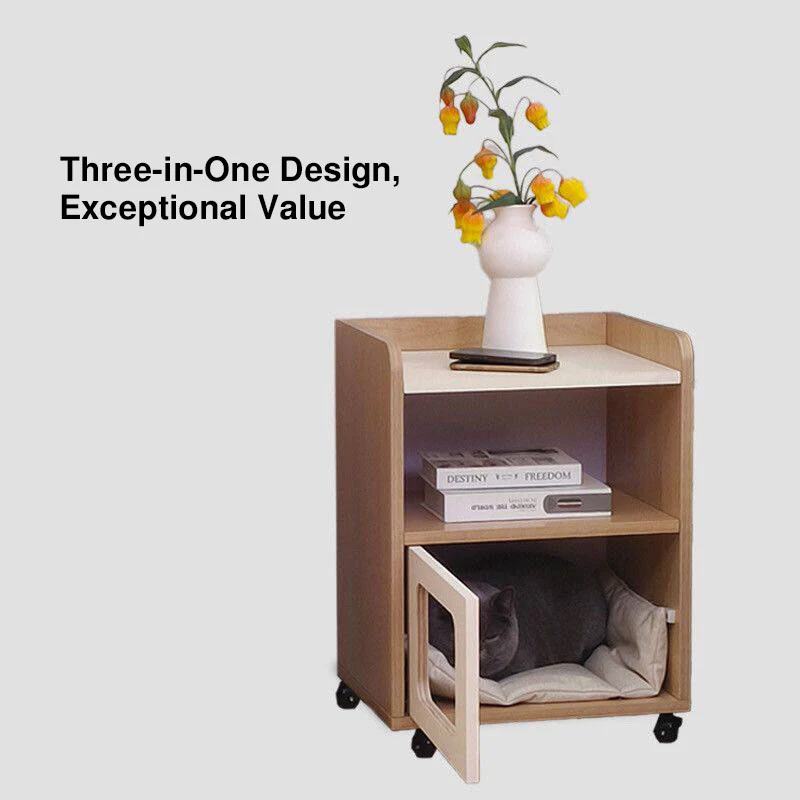 3-in-1 Pet Furniture Cat House With Storage Cabinet Nightstand - Creative Bedside Table & Multifunctional Pet House Furniture For Cats With Wheels For Bedroom