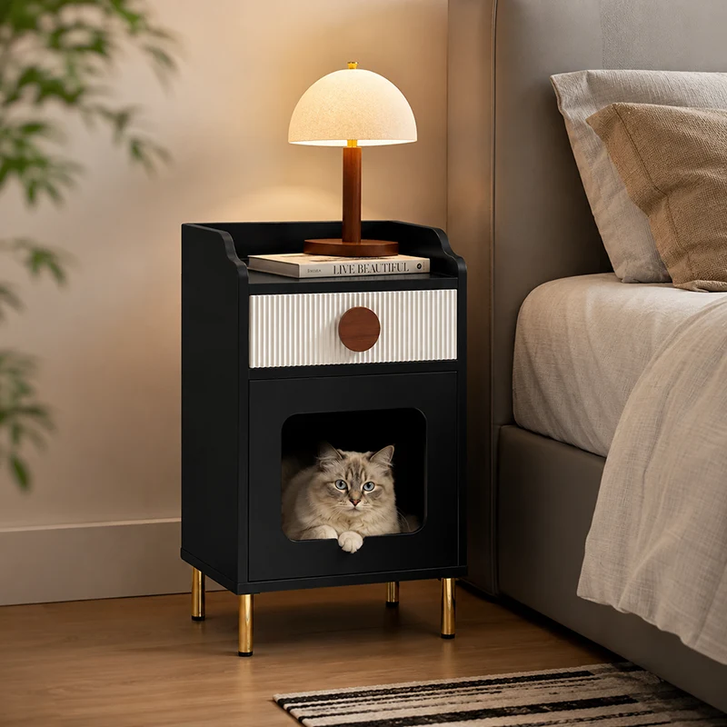 Contemporary Black Pet Cabinet With Cat House & Storage Drawer Nightstand - Creative Style Bedside Table For Cats, Multi-Functional Pet Furniture With Cat Bed For Bedroom