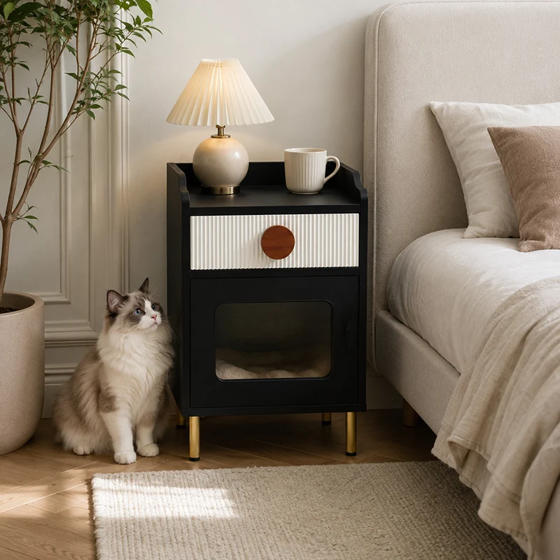 Contemporary Black Pet Cabinet With Cat House & Storage Drawer Nightstand - Creative Style Bedside Table For Cats, Multi-Functional Pet Furniture With Cat Bed For Bedroom
