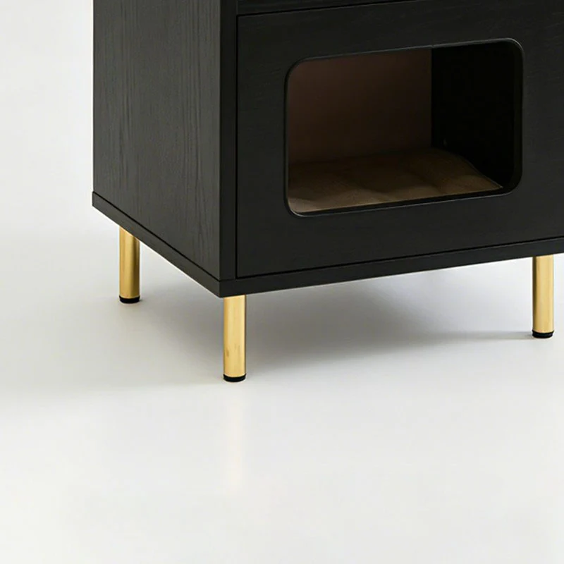 Contemporary Black Pet Cabinet With Cat House & Storage Drawer Nightstand - Creative Style Bedside Table For Cats, Multi-Functional Pet Furniture With Cat Bed For Bedroom