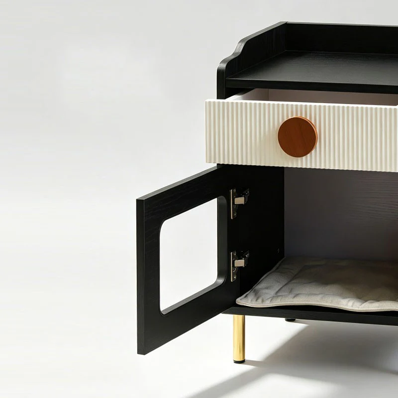Contemporary Black Pet Cabinet With Cat House & Storage Drawer Nightstand - Creative Style Bedside Table For Cats, Multi-Functional Pet Furniture With Cat Bed For Bedroom