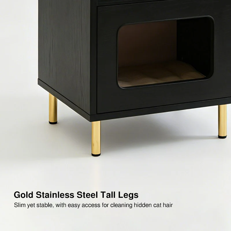 Contemporary Black Pet Cabinet With Cat House & Storage Drawer Nightstand - Creative Style Bedside Table For Cats, Multi-Functional Pet Furniture With Cat Bed For Bedroom