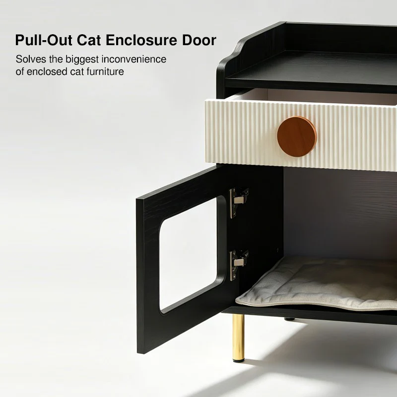Contemporary Black Pet Cabinet With Cat House & Storage Drawer Nightstand - Creative Style Bedside Table For Cats, Multi-Functional Pet Furniture With Cat Bed For Bedroom