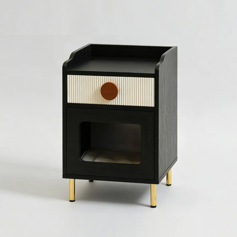 Contemporary Black Pet Cabinet With Cat House & Storage Drawer Nightstand - Creative Style Bedside Table For Cats, Multi-Functional Pet Furniture With Cat Bed For Bedroom