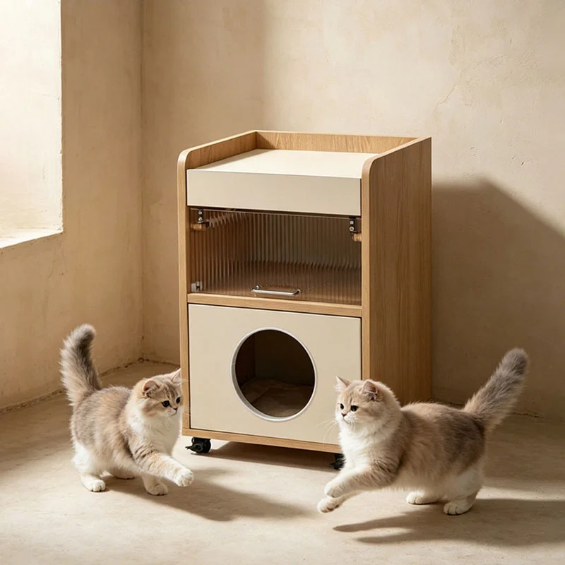 Modern Minimalist Human-Cat Shared Multifunctional Nightstand - Fluted Acrylic Door & Hidden Cat Condo Bedside Table For Bedroom