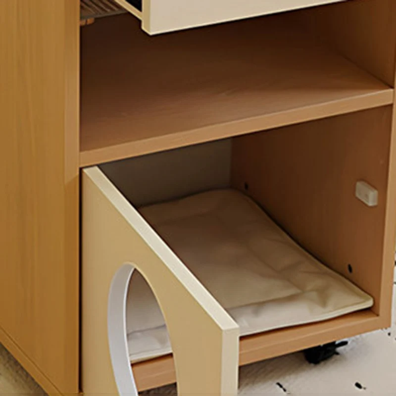 Modern Minimalist Human-Cat Shared Multifunctional Nightstand - Fluted Acrylic Door & Hidden Cat Condo Bedside Table For Bedroom
