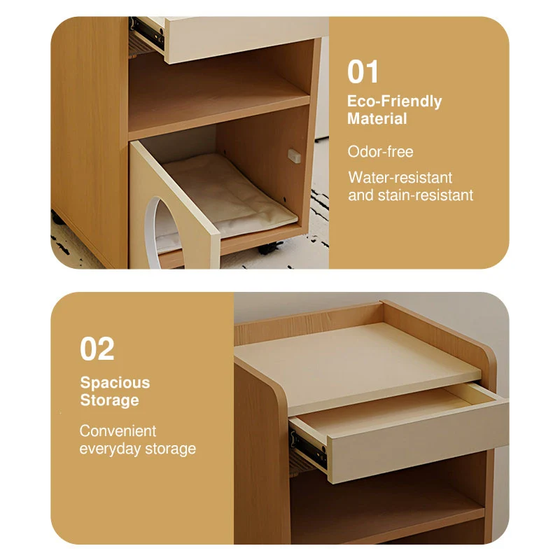 Modern Minimalist Human-Cat Shared Multifunctional Nightstand - Fluted Acrylic Door & Hidden Cat Condo Bedside Table For Bedroom