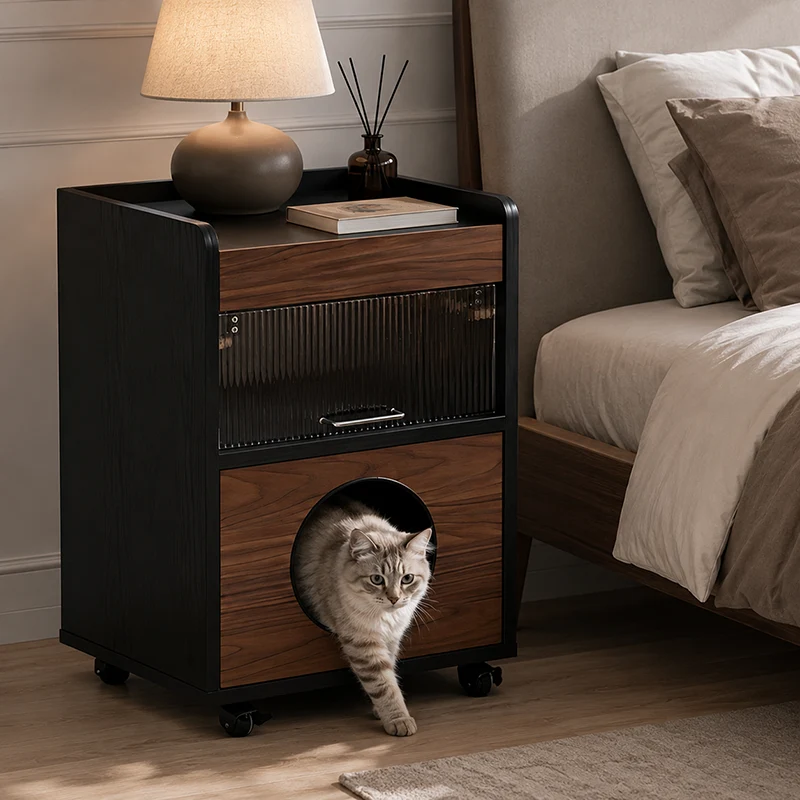 Modern Minimalist Human-Cat Shared Multifunctional Nightstand - Fluted Acrylic Door & Hidden Cat Condo Bedside Table For Bedroom