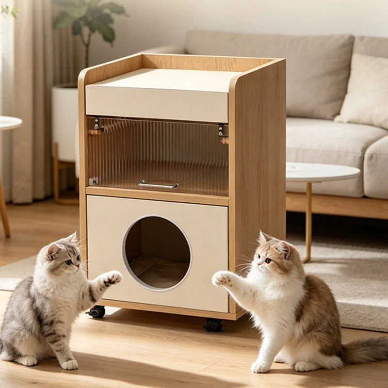 Modern Minimalist Human-Cat Shared Multifunctional Nightstand - Fluted Acrylic Door & Hidden Cat Condo Bedside Table For Bedroom