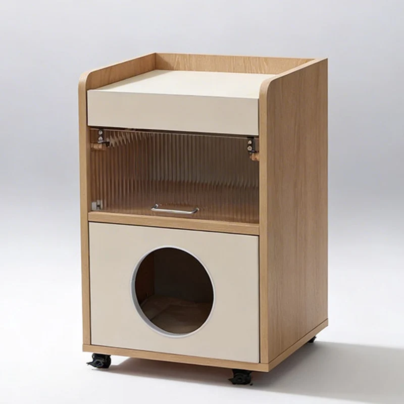 Modern Minimalist Human-Cat Shared Multifunctional Nightstand - Fluted Acrylic Door & Hidden Cat Condo Bedside Table For Bedroom