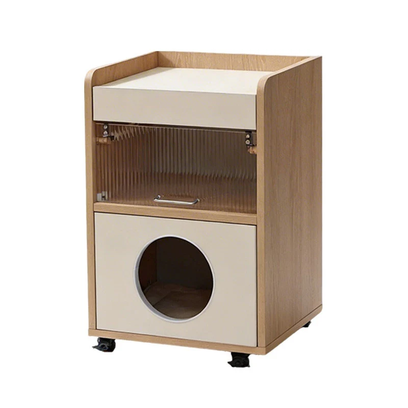 Modern Minimalist Human-Cat Shared Multifunctional Nightstand - Fluted Acrylic Door & Hidden Cat Condo Bedside Table For Bedroom