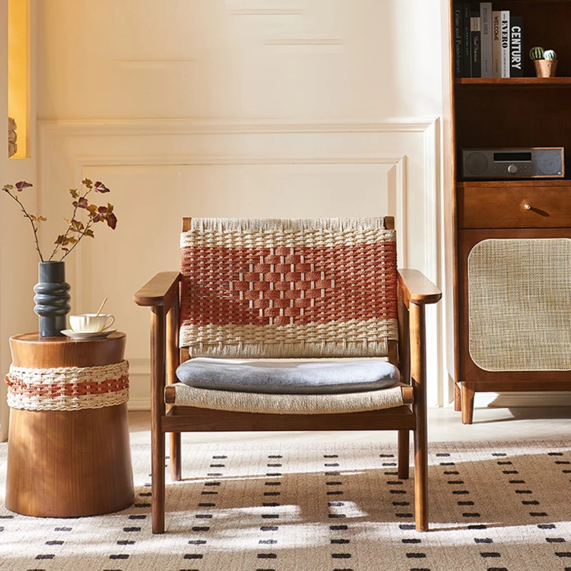 Modern Mid-Century Solid Wood PE Woven Arm Accent Chair With Backrest For Living Room