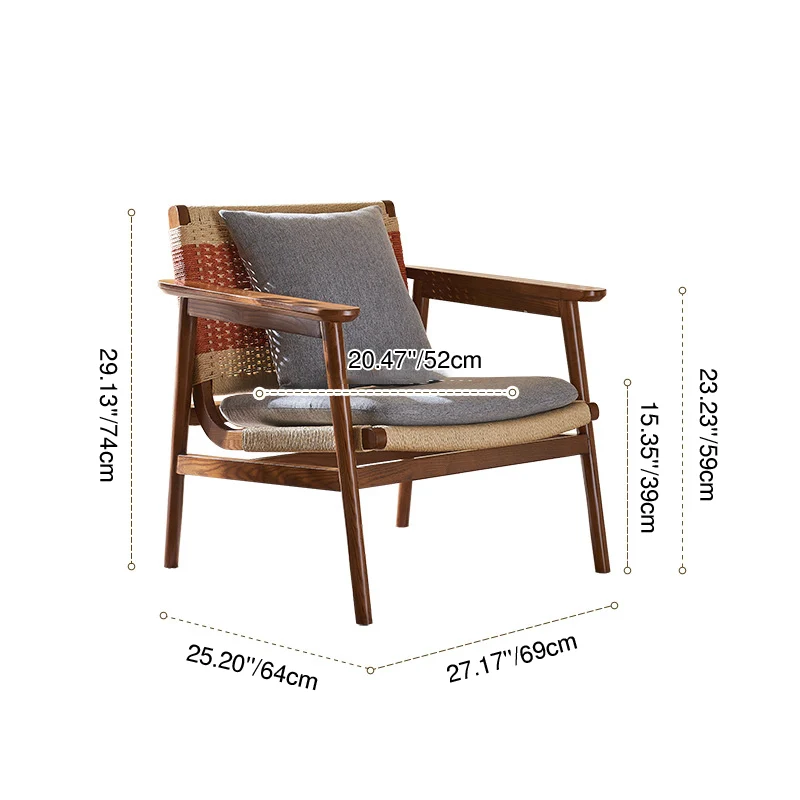 Modern Mid-Century Solid Wood PE Woven Arm Accent Chair With Backrest For Living Room