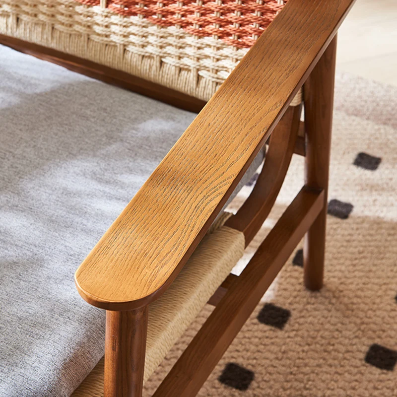 Modern Mid-Century Solid Wood PE Woven Arm Accent Chair With Backrest For Living Room