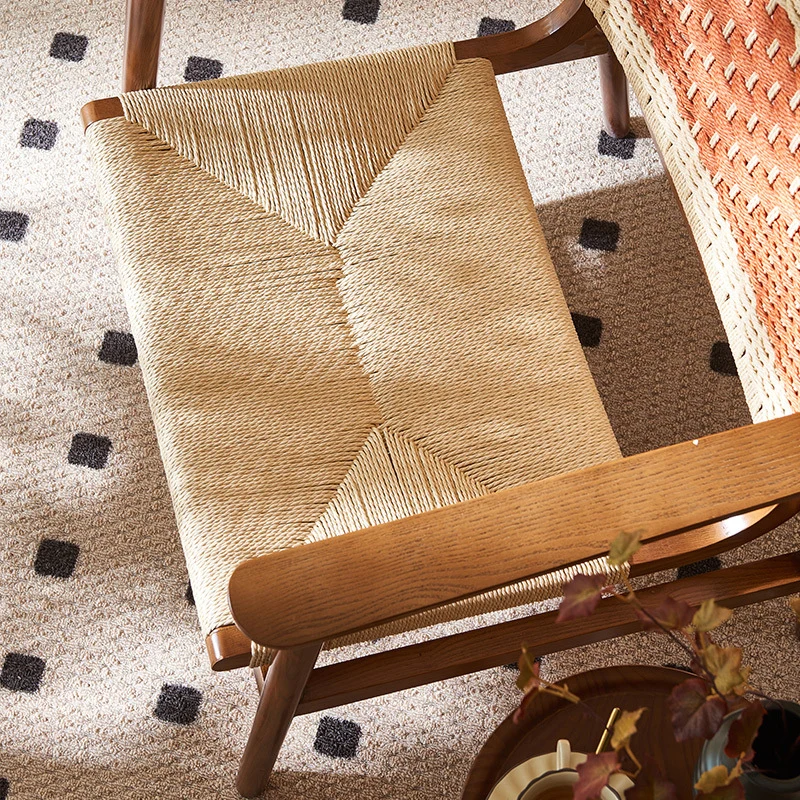 Modern Mid-Century Solid Wood PE Woven Arm Accent Chair With Backrest For Living Room