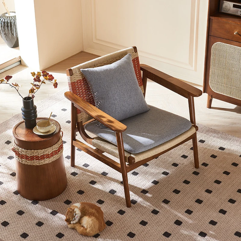 Modern Mid-Century Solid Wood PE Woven Arm Accent Chair With Backrest For Living Room