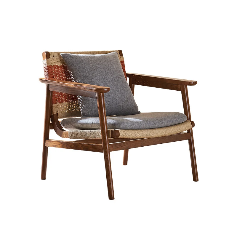 Modern Mid-Century Solid Wood PE Woven Arm Accent Chair With Backrest For Living Room