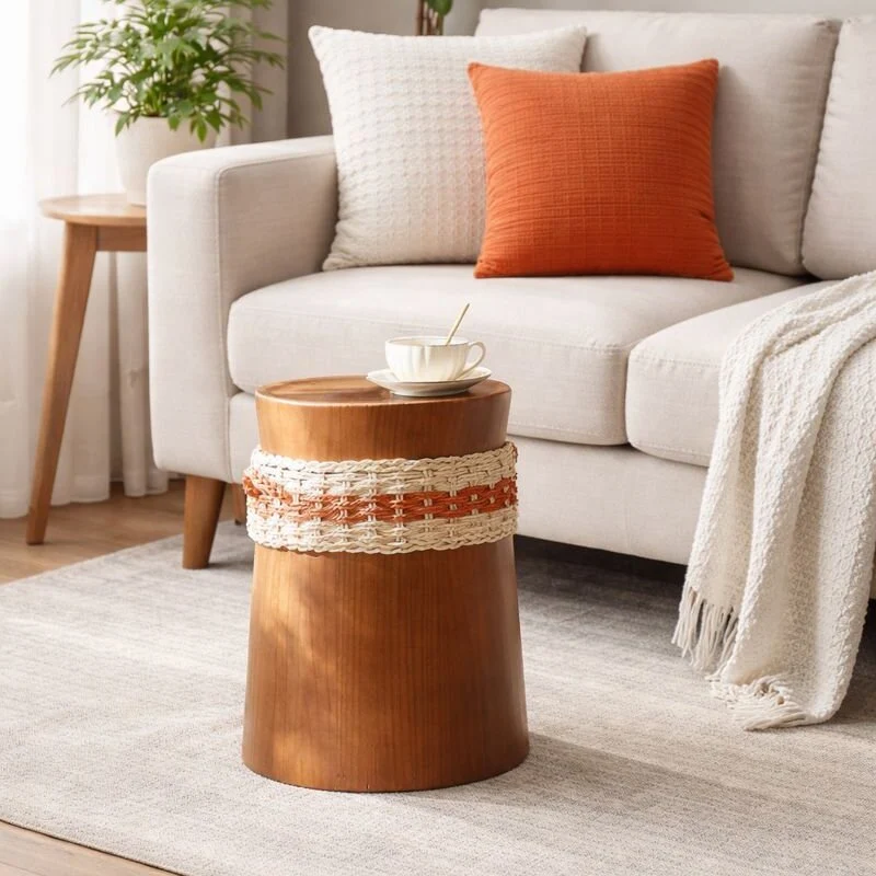 Modern Mid-Century Solid Wood PE Weaving Cylindrical Side Table For Living Room