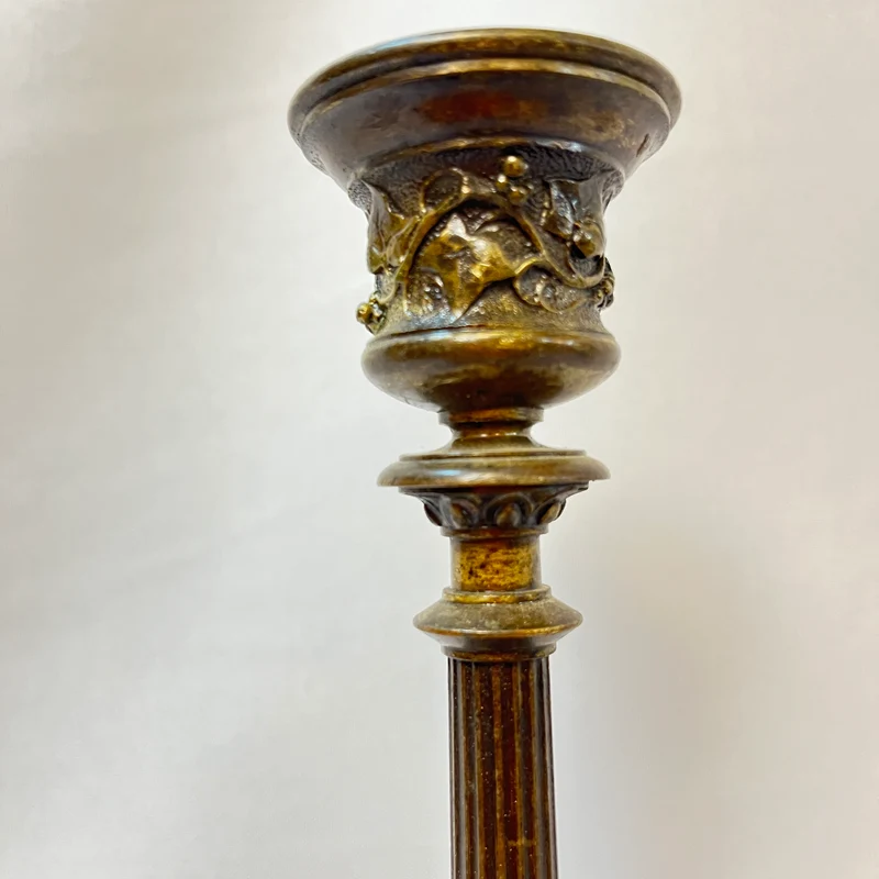 Pair of patinated bronze candlesticks with lion's paws and lizards, late 19th century