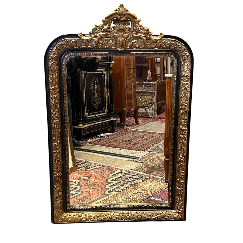 French mirror Napoleon III ebonized wood and gilt 'à parcs clos'