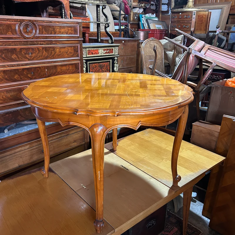Mesa de comedor francesa estilo Luis XV en citronnier marquetería parquet tres medidas