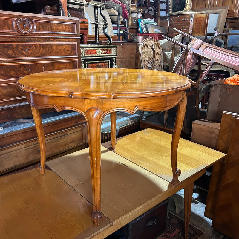 Mesa de comedor francesa estilo Luis XV en citronnier marquetería parquet tres medidas