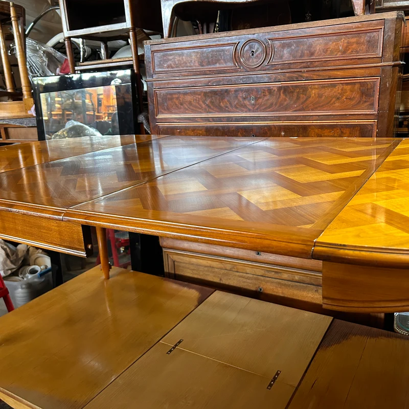Mesa de comedor francesa estilo Luis XV en citronnier marquetería parquet tres medidas