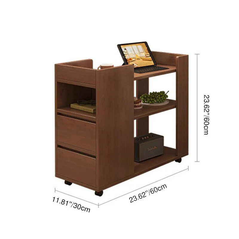 Modern Minimalist MDF Rectangular Mobile Side Table Cart With 2 Drawers & 3 Tiers For Living Room, Bedroom, Home Office