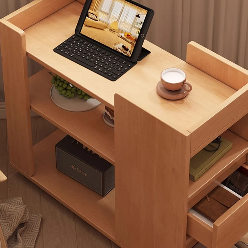 Modern Minimalist MDF Rectangular Mobile Side Table Cart With 2 Drawers & 3 Tiers For Living Room, Bedroom, Home Office