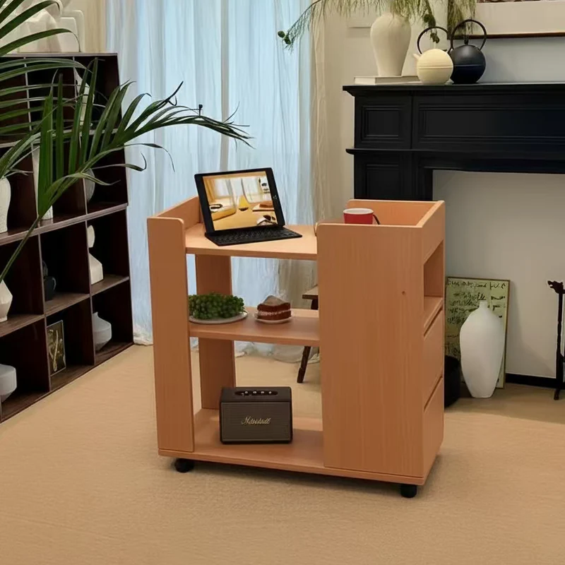 Modern Minimalist MDF Rectangular Mobile Side Table Cart With 2 Drawers & 3 Tiers For Living Room, Bedroom, Home Office