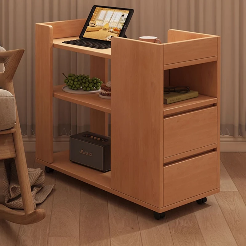 Modern Minimalist MDF Rectangular Mobile Side Table Cart With 2 Drawers & 3 Tiers For Living Room, Bedroom, Home Office
