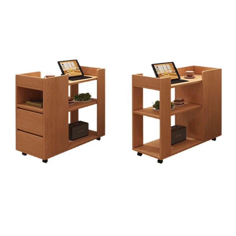 Modern Minimalist MDF Rectangular Mobile Side Table Cart With 2 Drawers & 3 Tiers For Living Room, Bedroom, Home Office