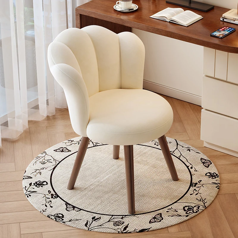 Contemporary Creative Solid Wood & Plywood Carbon Steel Velvet Oil-waxed Leather Shell-Shaped Backrest Swivel Vanity Stool For Bedroom