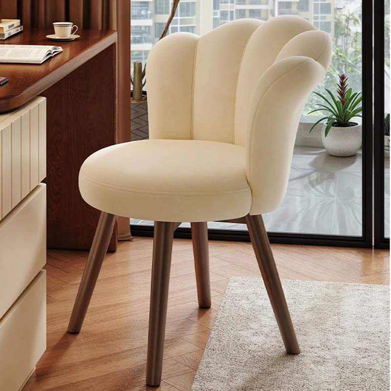 Contemporary Creative Solid Wood & Plywood Carbon Steel Velvet Oil-waxed Leather Shell-Shaped Backrest Swivel Vanity Stool For Bedroom