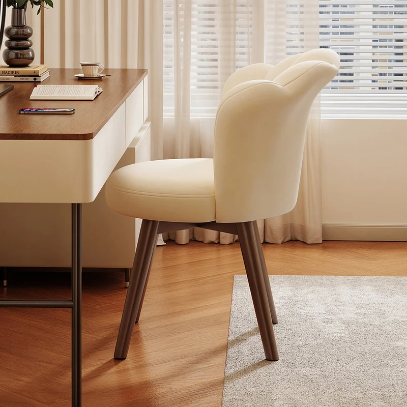 Contemporary Creative Solid Wood & Plywood Carbon Steel Velvet Oil-waxed Leather Shell-Shaped Backrest Swivel Vanity Stool For Bedroom