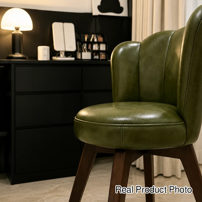 Contemporary Creative Solid Wood & Plywood Carbon Steel Velvet Oil-waxed Leather Shell-Shaped Backrest Swivel Vanity Stool For Bedroom