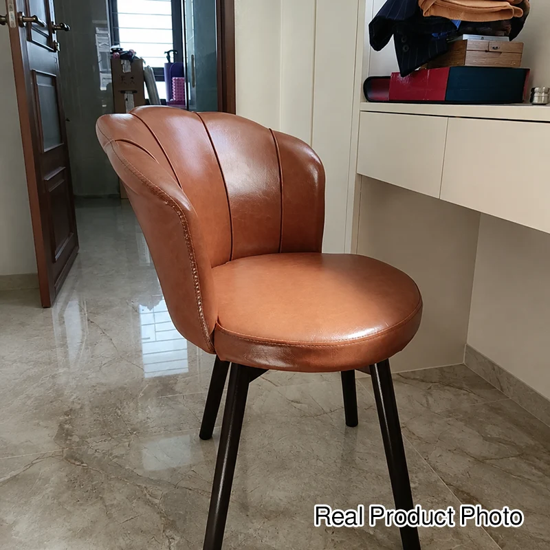 Contemporary Creative Solid Wood & Plywood Carbon Steel Velvet Oil-waxed Leather Shell-Shaped Backrest Swivel Vanity Stool For Bedroom